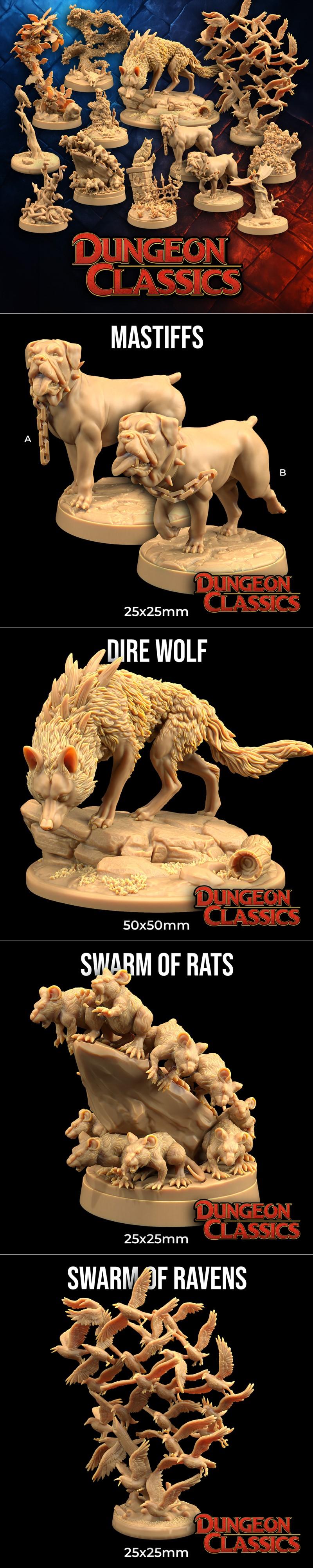 3D printable models of fantasy creatures: two mastiffs, a dire wolf, a swarm of rats, and a swarm of ravens, all from...