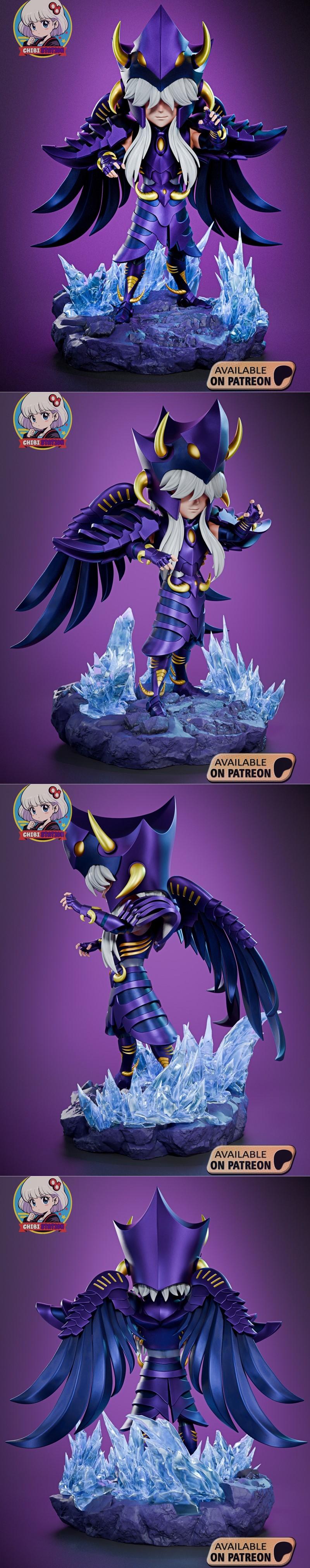 Chibi Minos de Griffon figure from Saint Seiya, wearing purple and gold armor with large dark wings, standing on an i...