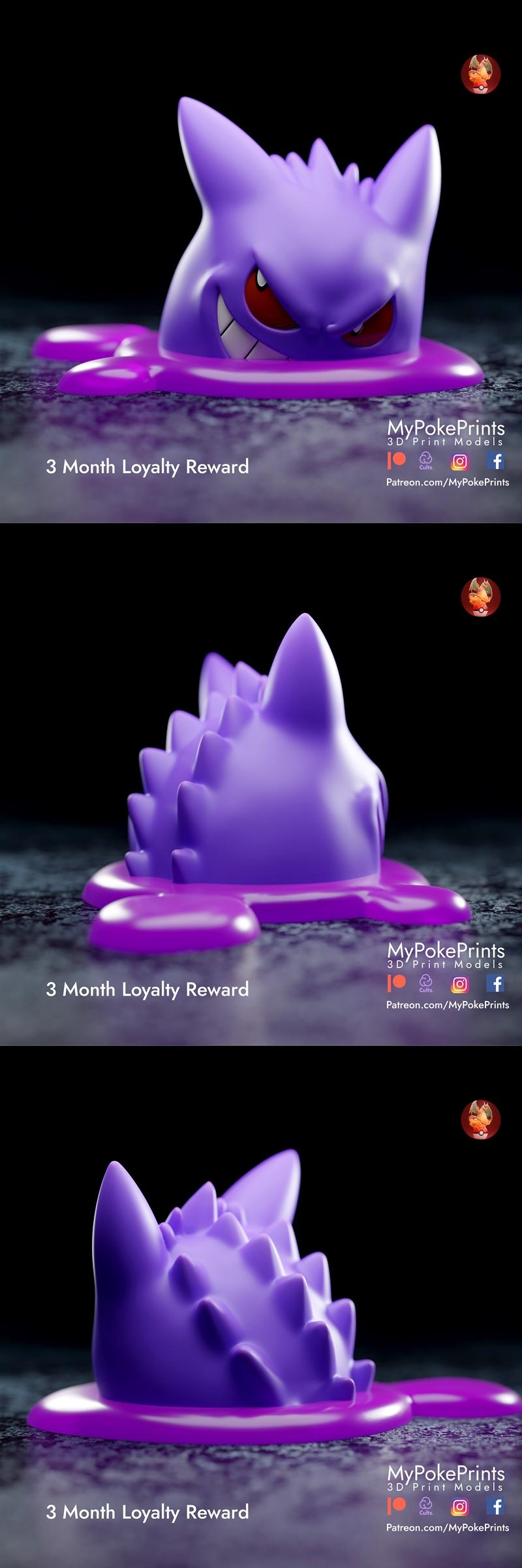 Purple Gengar 3D model figure with sharp teeth, red eyes, and spiky back, emerging from a purple puddle.