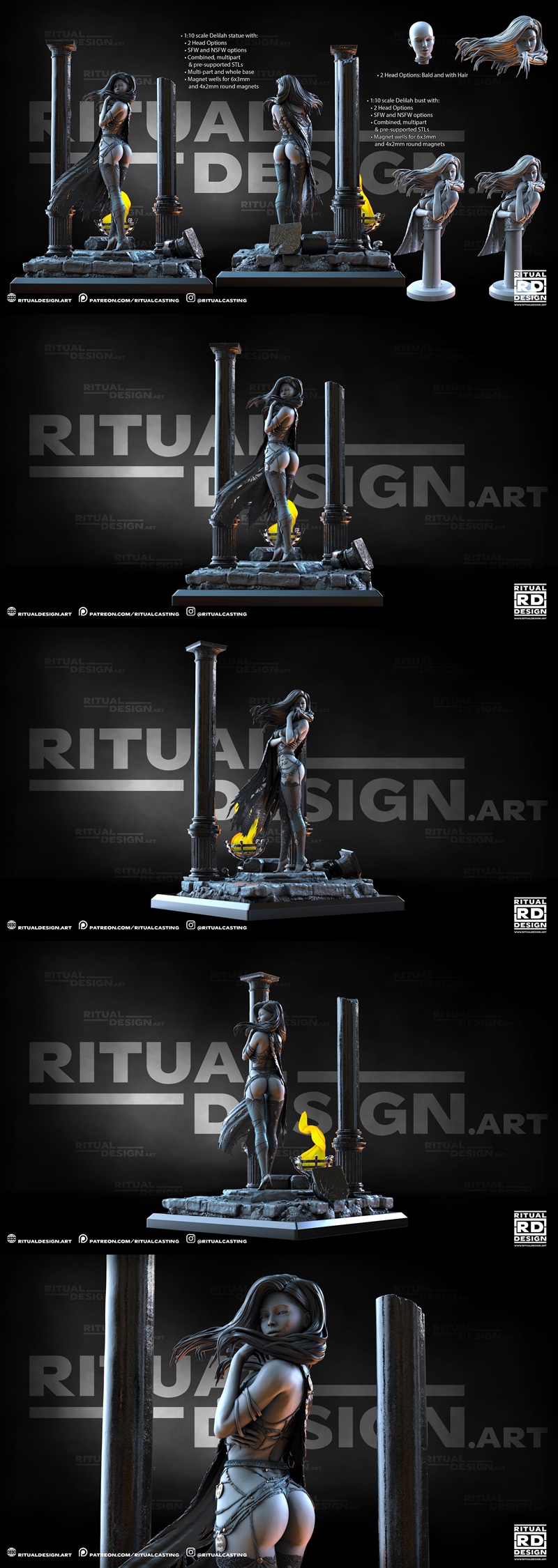 1:10 scale Delilah 3D model by Ritual Design, standing on a ruined base with columns. She wears a revealing outfit an...