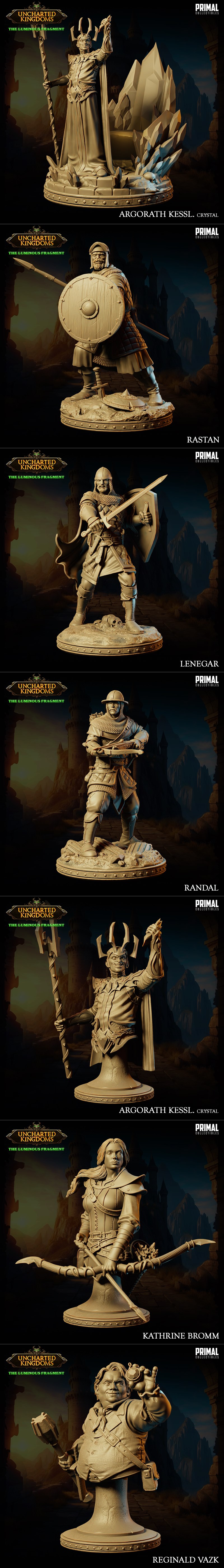 Collection of fantasy 3D printable models: a winged demon, a stout dwarf with a hammer, a king on a throne, and a fem...
