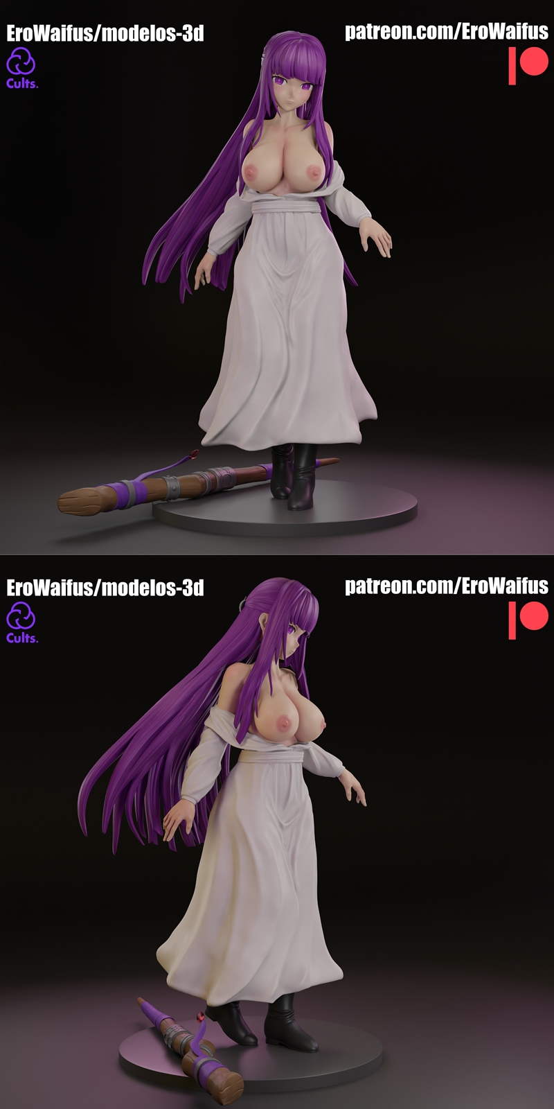 3D model of Fern from Fate/Grand Order, wearing a white dress and dark cloak, holding a staff with purple accents. Sh...