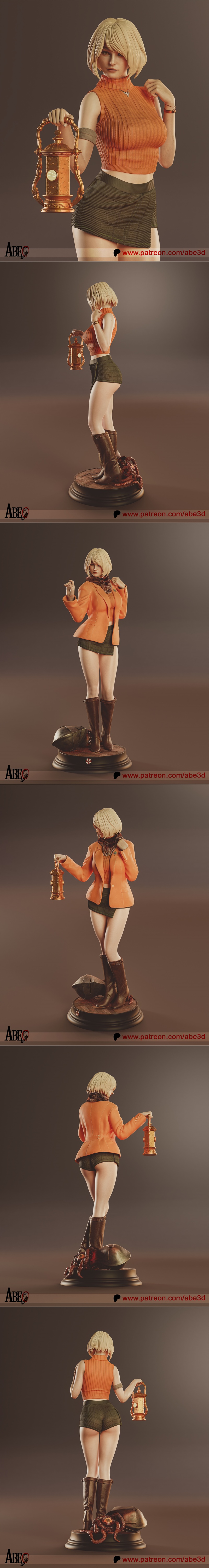 3D model figure of Ashley Graham from Resident Evil, wearing an orange crop top, plaid skirt, and brown boots, holdin...