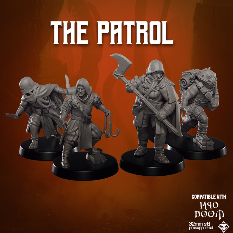 Collection of 3D printable miniatures from Skullforge Studios, including sci-fi soldiers, tactical officers, monstrou...