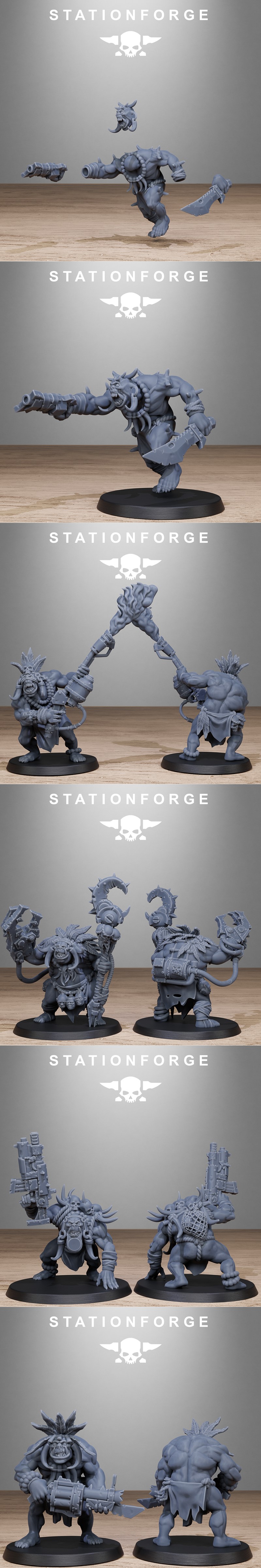 Collection of Station Forge Orkaz Tribal Infantry 3D models. Figures are grey resin, depicting muscular orcs with tri...