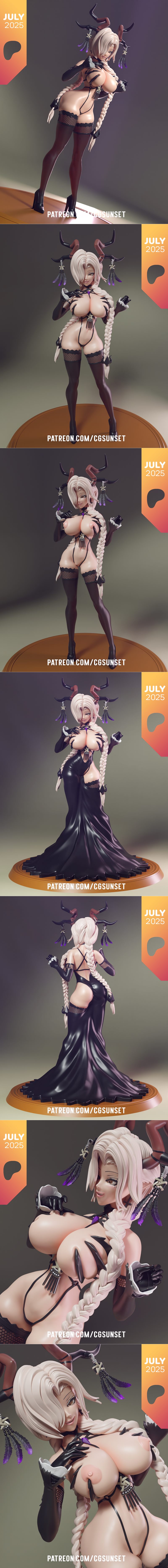 Female figure with white hair, horns, and a black lingerie set with a flowing black gown. The model is posed provocat...