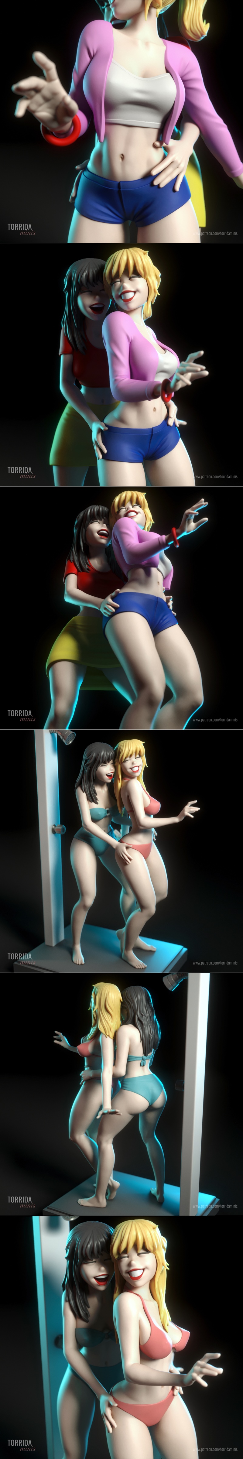 3D printable model of Betty and Veronica from Archie Comics, posed intimately in stylized pin-up outfits. Betty wears...
