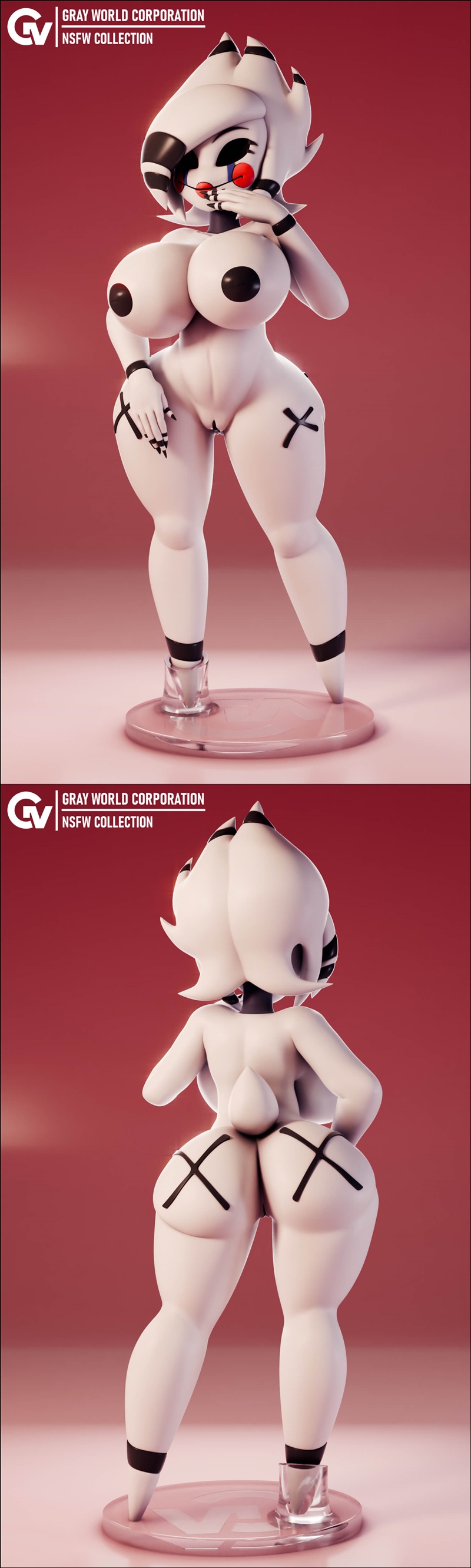 Stylized female puppet character in black and white outfit with 'X' markings, standing on a clear base. Gray World Co...