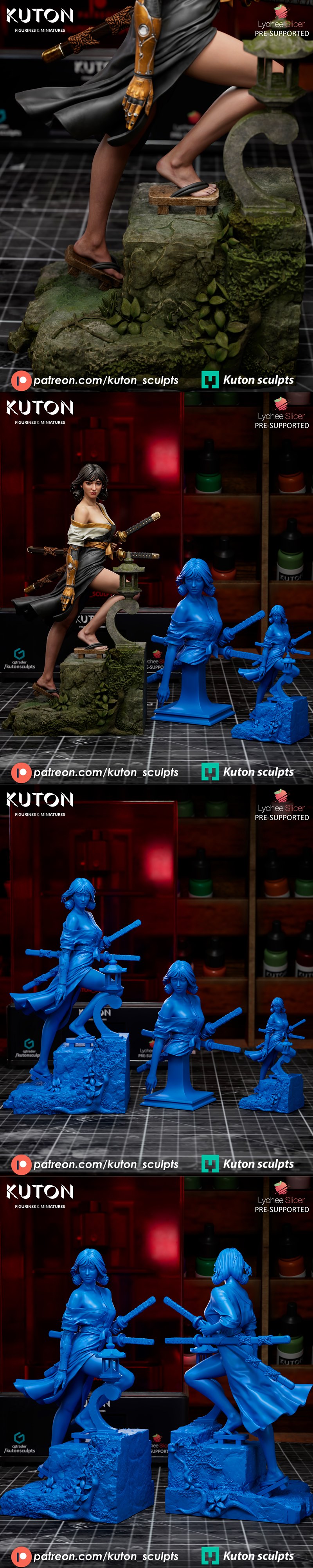 Kira Mekai 3D model by Kuton Figurines, dynamic pose with katanas, gold cybernetic arm, revealing outfit, on mossy st...