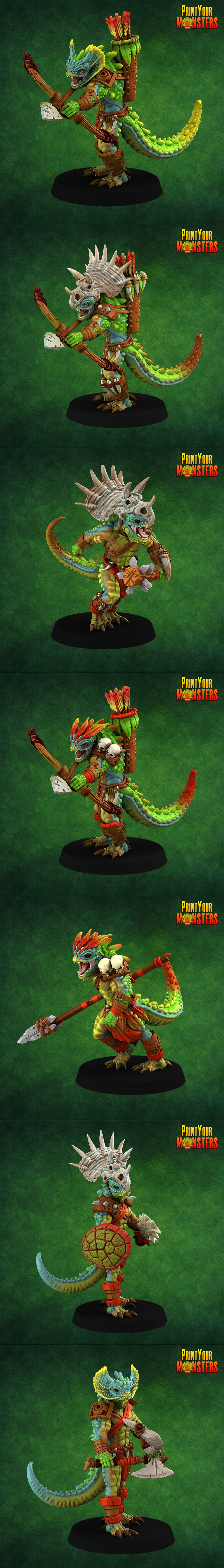 Collection of fantasy lizardmen 3D printable figures, including a large central figure, smaller warriors with spears,...