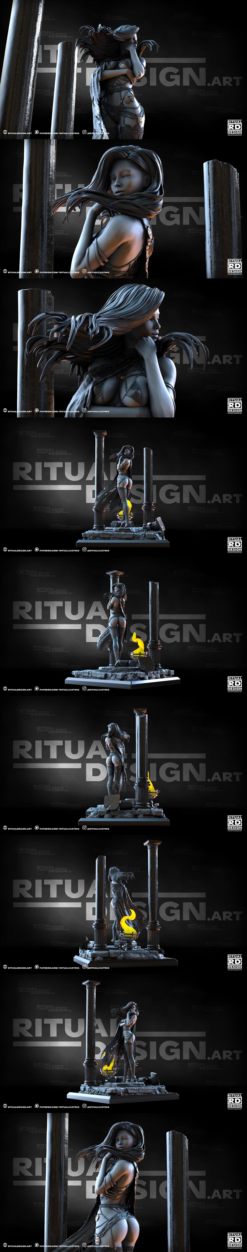 1:10 scale Delilah 3D model by Ritual Design, standing on a ruined base with columns. She wears a revealing outfit an...