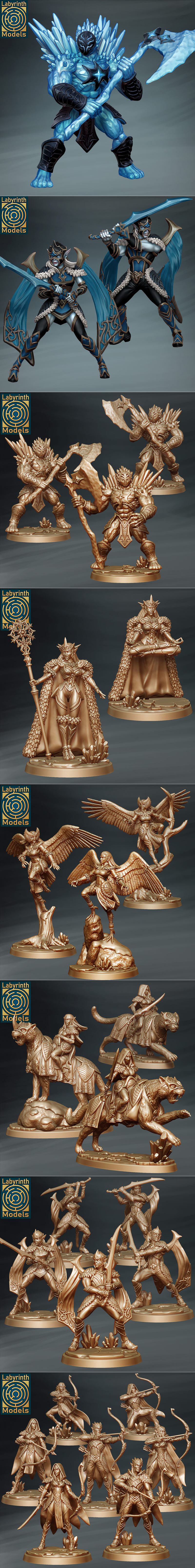 Collection of fantasy 3D printable models from Labyrinth Models: ice elves with bows, a queen with a staff, a winged...