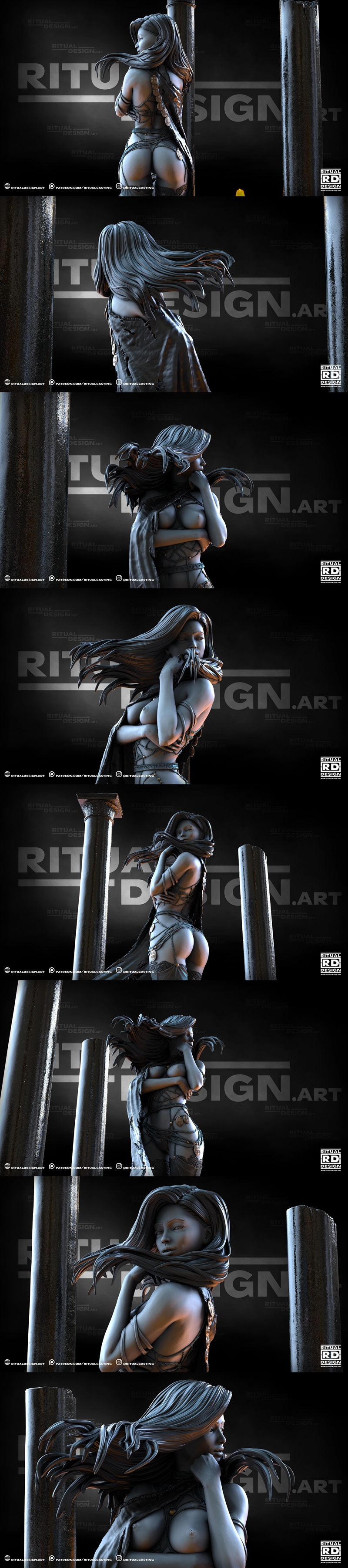 1:10 scale Delilah 3D model by Ritual Design, standing on a ruined base with columns. She wears a revealing outfit an...