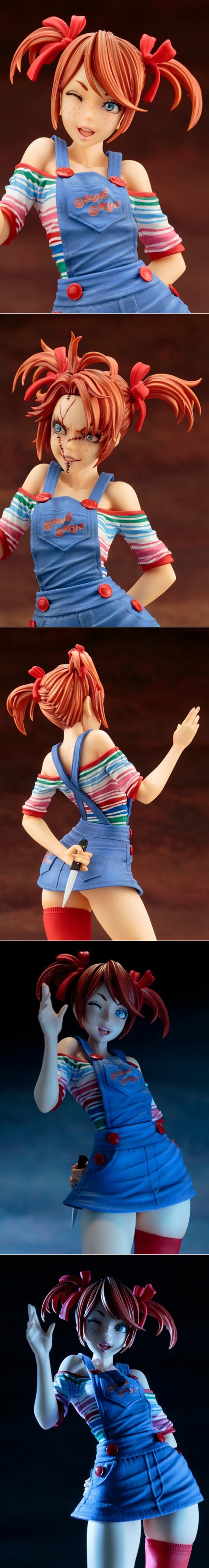 3D model of Bride of Chucky in Bishoujo style, wearing overalls and striped shirt, holding a knife, with stitched fac...