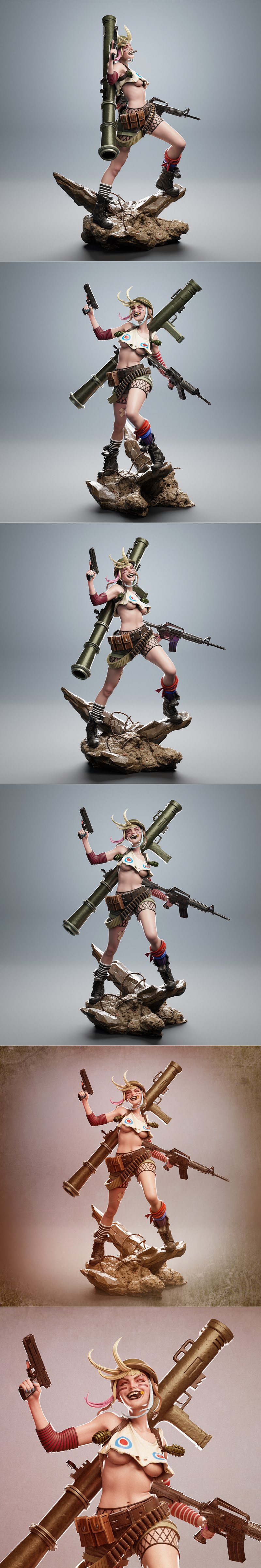3D model of Tank Girl figure with rocket launcher, assault rifle, and pistol, wearing military helmet and torn top, o...