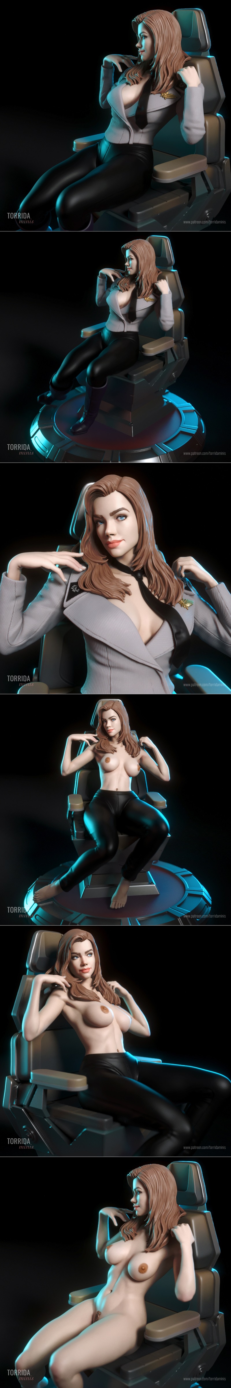 Carmen Ibanez figure seated in a futuristic chair, wearing a grey jacket and black leather pants, with detailed hair...