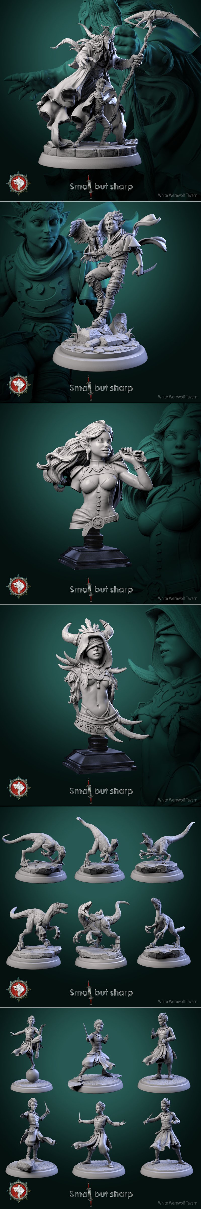 Collection of White Werewolf Tavern 3D printable fantasy figures including female elves with daggers and staffs, male...
