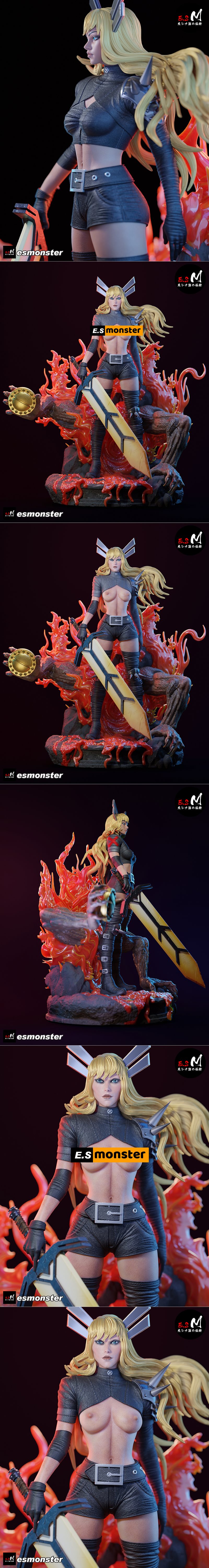 Magik 3D model figure, blonde hair, blue eyes, wearing black cropped top and shorts, thigh-high boots, holding a larg...