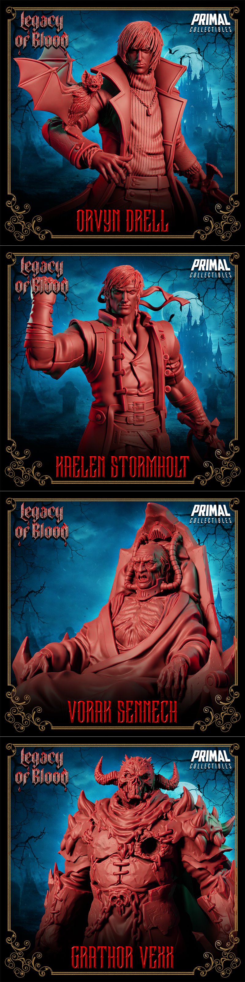 Collection of dark fantasy 3D models: The Mourned Sisters, Kravanth, Zhalor Kreth, and Vaeron Stormholt from PRIMAL C...