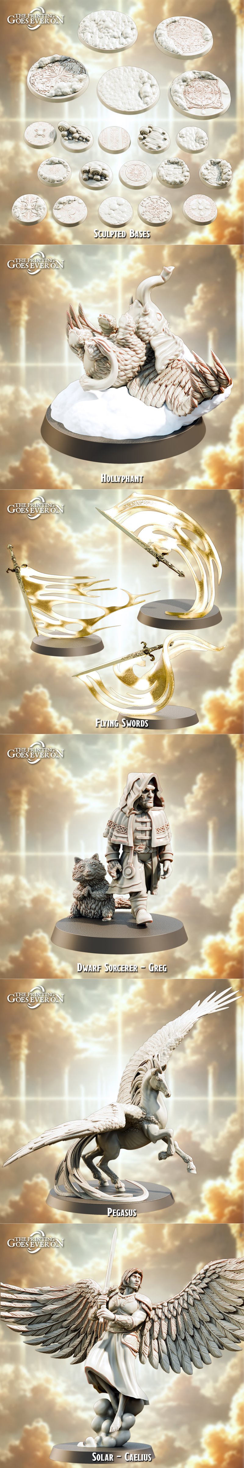 Collection of fantasy 3D print models: Ancient Gold Dragon, Pegasus, winged warrior, Gith Warlock, Air Genasi Paladin...