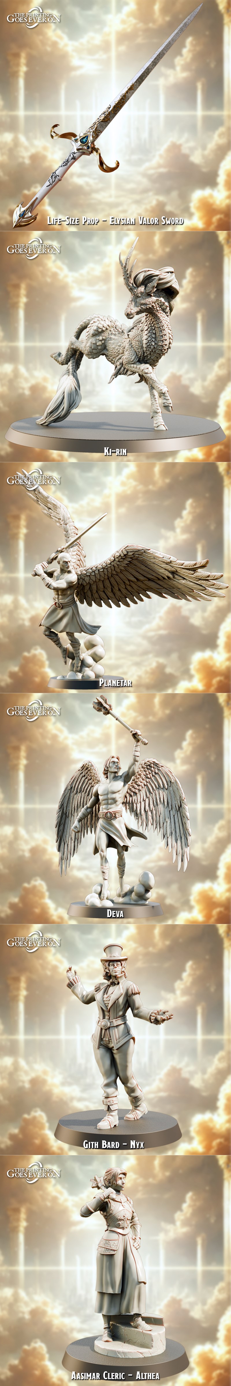 Collection of fantasy 3D print models: Ancient Gold Dragon, Pegasus, winged warrior, Gith Warlock, Air Genasi Paladin...