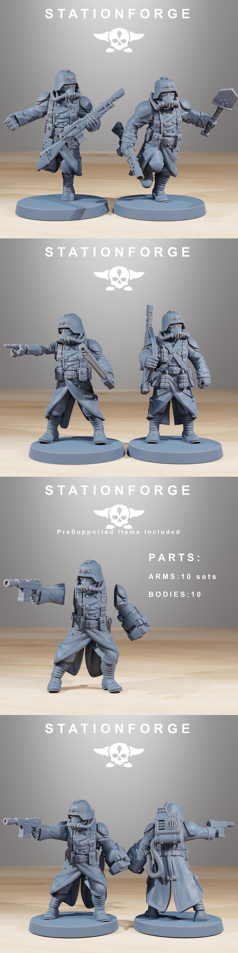 Collection of Station Forge GrimGuard Acolytes 3D models, featuring soldiers in grim sci-fi military attire with gas...
