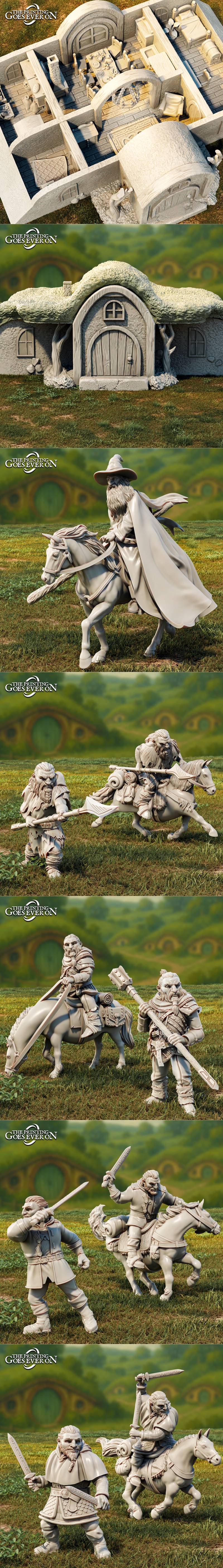 3D printable fantasy figures: dwarves with axes and staffs, a hooded swordsman, mounted horse riders, and a wizard in...