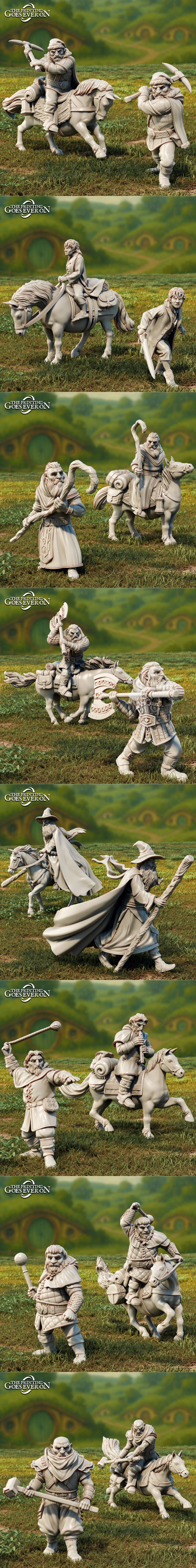 3D printable fantasy figures: dwarves with axes and staffs, a hooded swordsman, mounted horse riders, and a wizard in...