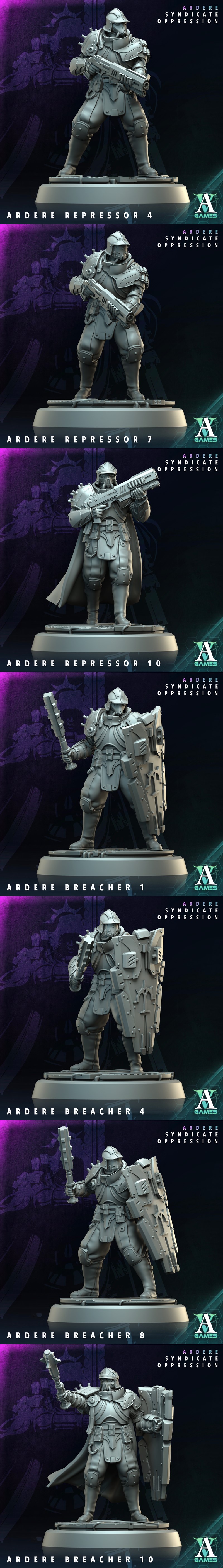 3D models of sci-fi soldiers and a cybernetic dog from Archvillain Games' Ardere Syndicate Oppression bundle.