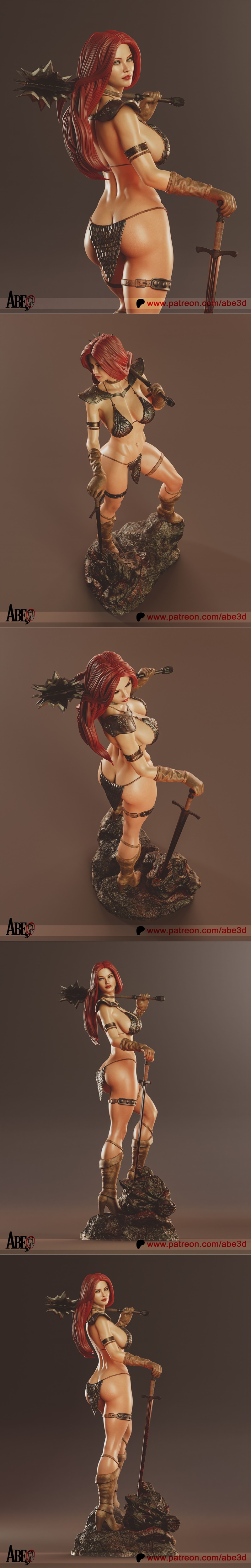 Red Sonja 3D model by Abe3D, standing on a rocky base, holding a sword and mace, wearing scale-mail bikini and boots.