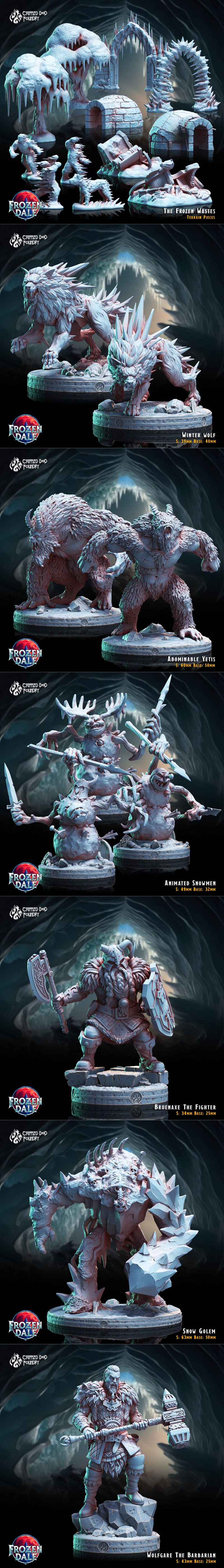 3D printable fantasy figures: Frost Giants, Ice Trolls, Haelgra Frost Giant Jarl, and Catti the Ranger by Crippled Go...