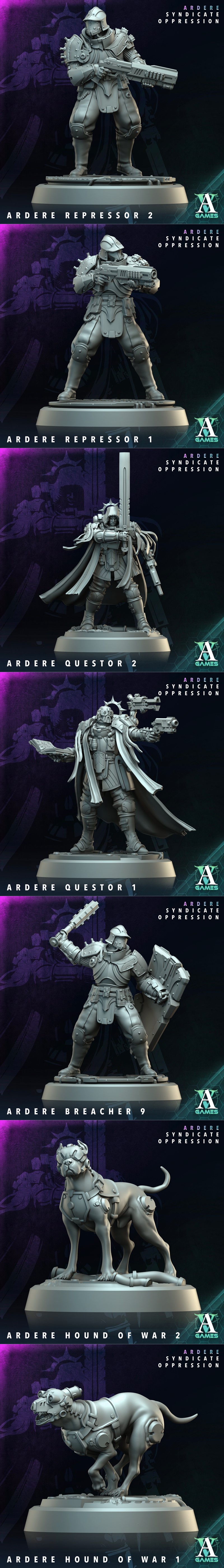 3D models of sci-fi soldiers and a cybernetic dog from Archvillain Games' Ardere Syndicate Oppression bundle.
