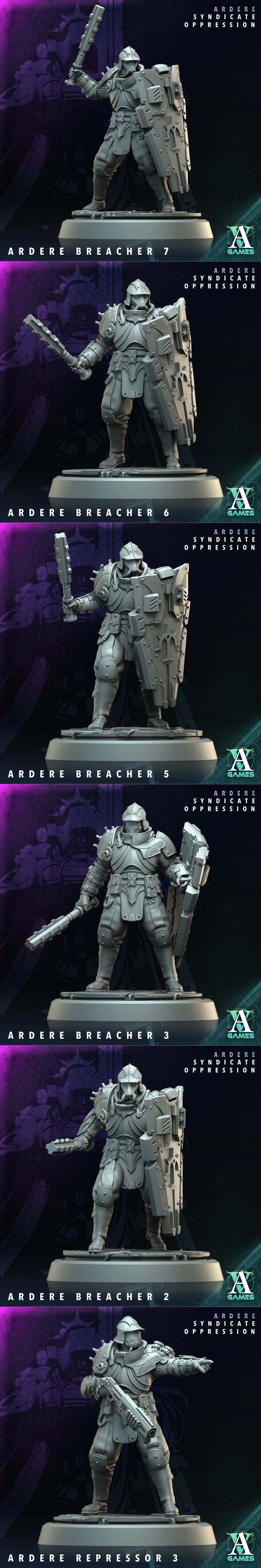 3D models of sci-fi soldiers and a cybernetic dog from Archvillain Games' Ardere Syndicate Oppression bundle.