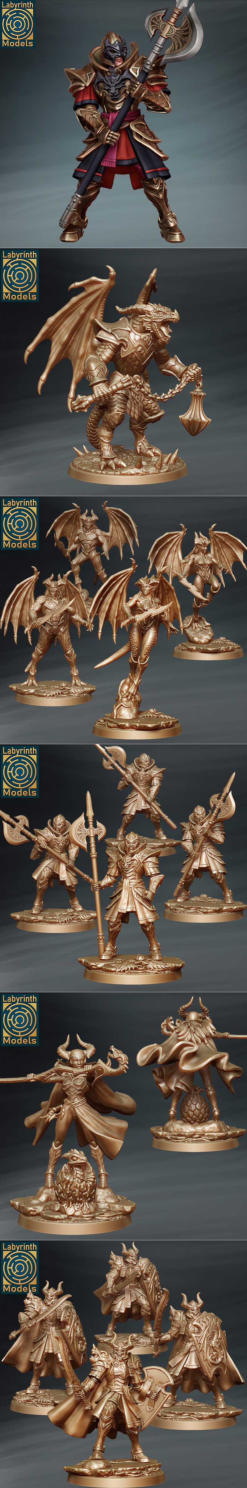 Collection of fantasy 3D printable models: armored warriors, winged dragon-kin, a sorceress with a staff, and a large...
