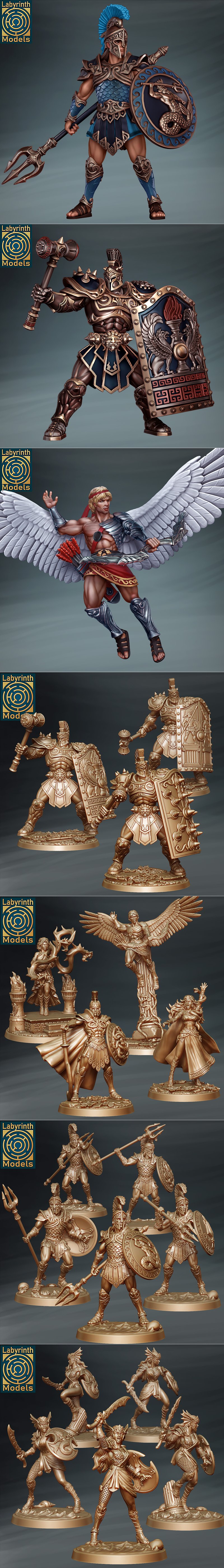 Collection of Labyrinth Models 3D printable figures: warriors in ornate armor with swords and shields, a woman with a...