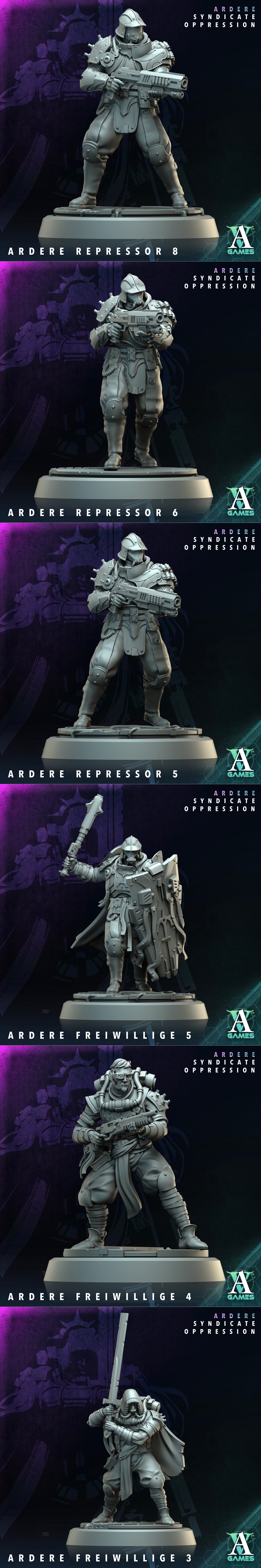 3D models of sci-fi soldiers and a cybernetic dog from Archvillain Games' Ardere Syndicate Oppression bundle.