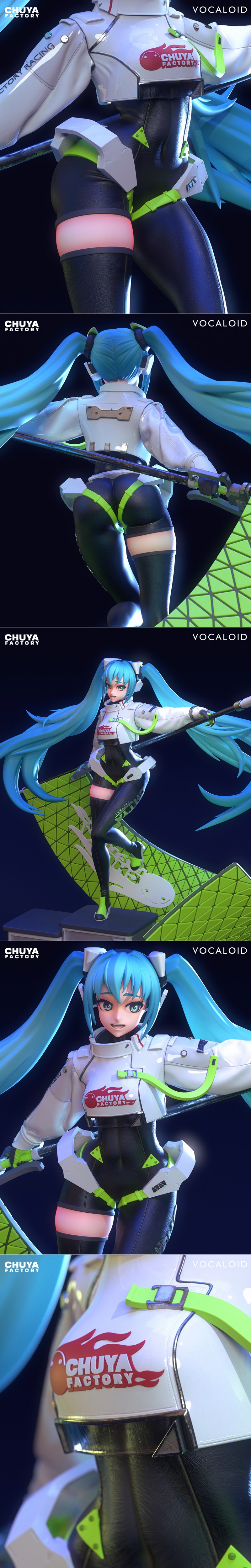 Hatsune Miku 3D model by Chuya Factory, wearing a race queen outfit and holding a polearm with a green flag, posed on...