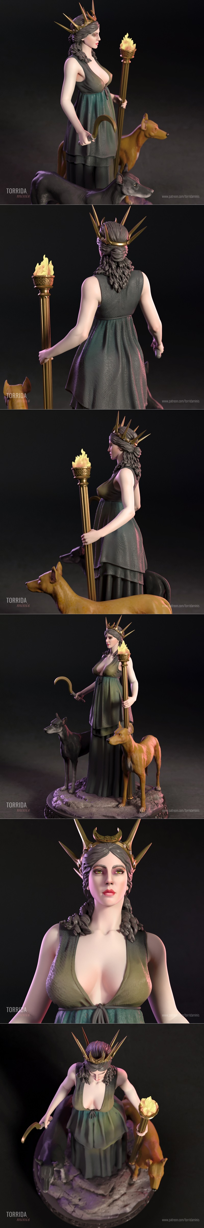 Hekate figure with flaming torch and sickle, wearing a green gown and ornate crown, flanked by two dogs on a rocky ba...