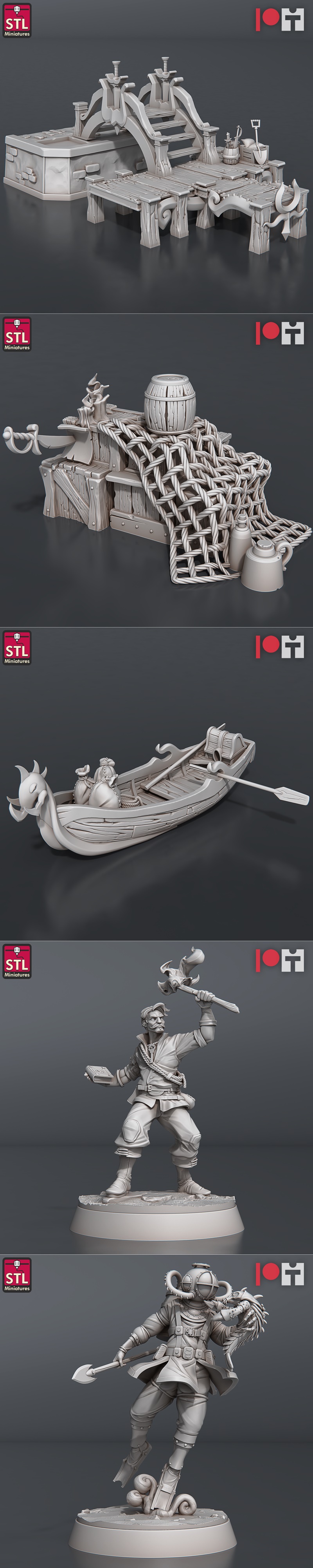 3D printable miniatures: a pirate ship, a dwarf with a shovel, a goblin with a treasure chest, and a female adventure...