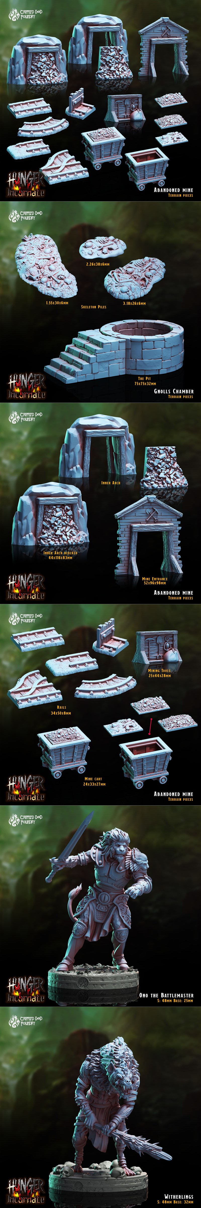 Collection of dark fantasy 3D printable miniatures: Gholl Warriors, Trho the Barbarian, Tara the Monk, and Demon Lord...