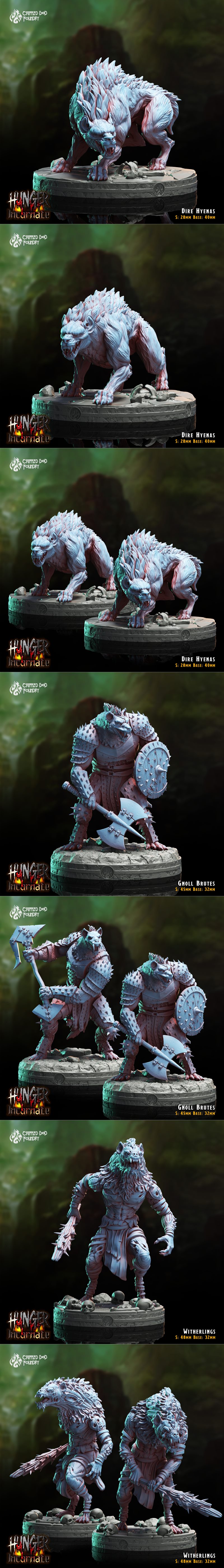 Collection of dark fantasy 3D printable miniatures: Gholl Warriors, Trho the Barbarian, Tara the Monk, and Demon Lord...