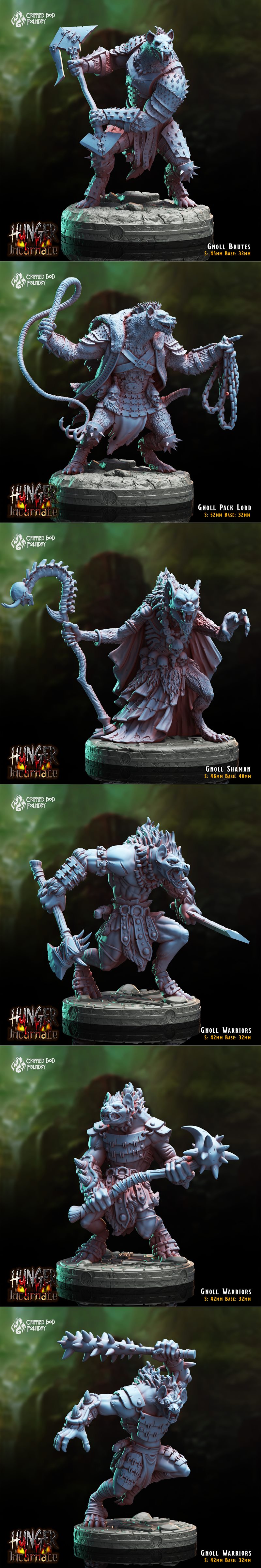 Collection of dark fantasy 3D printable miniatures: Gholl Warriors, Trho the Barbarian, Tara the Monk, and Demon Lord...