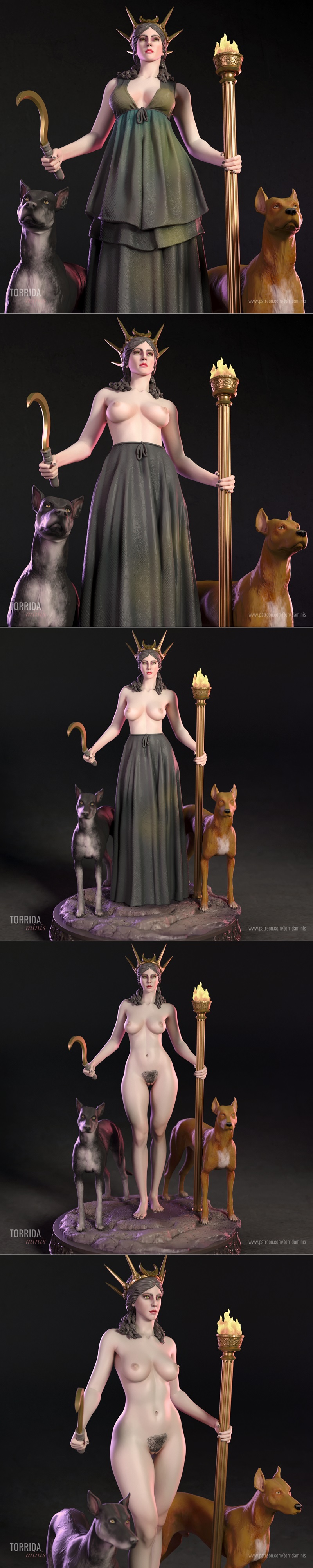 Hekate figure with flaming torch and sickle, wearing a green gown and ornate crown, flanked by two dogs on a rocky ba...