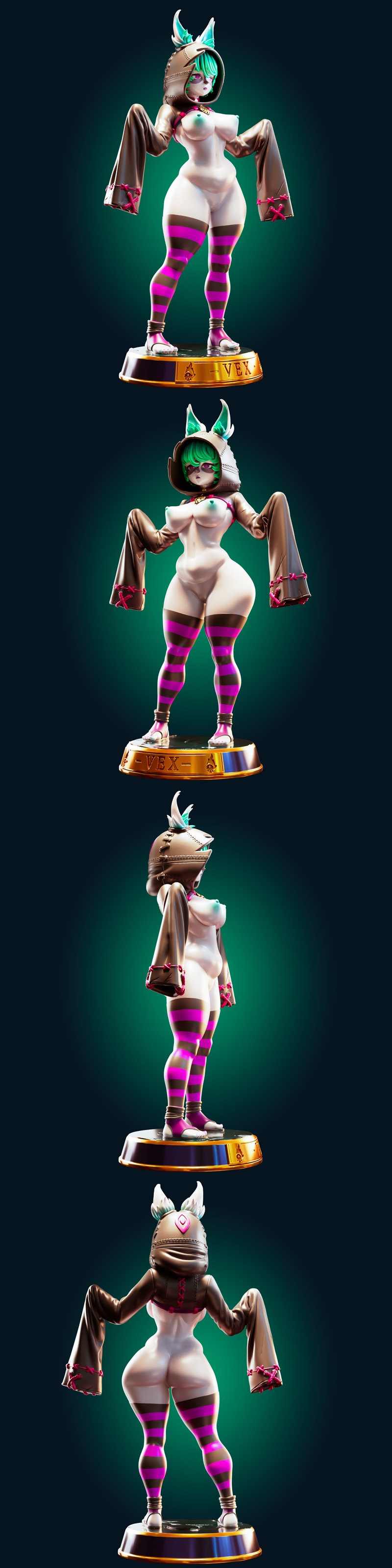 Stylized catgirl VEX Short & Stacked figure by Officer Rhu, wearing a bikini, detached sleeves, and striped socks, st...