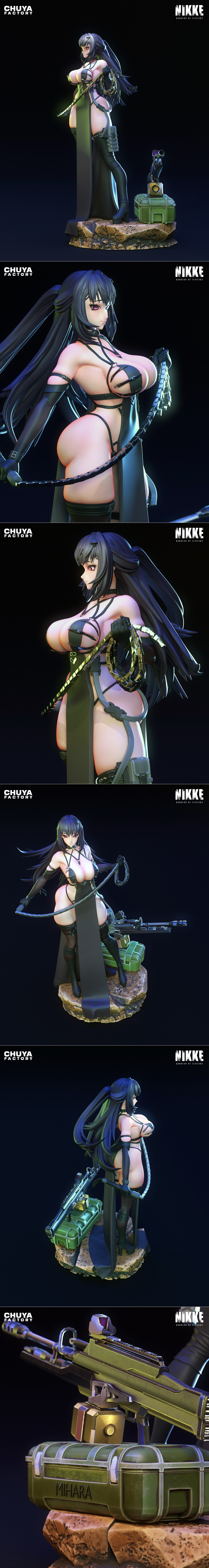 3D model of Mihara from NIKKE, wearing a revealing black outfit with straps and a cape, holding a whip and standing b...