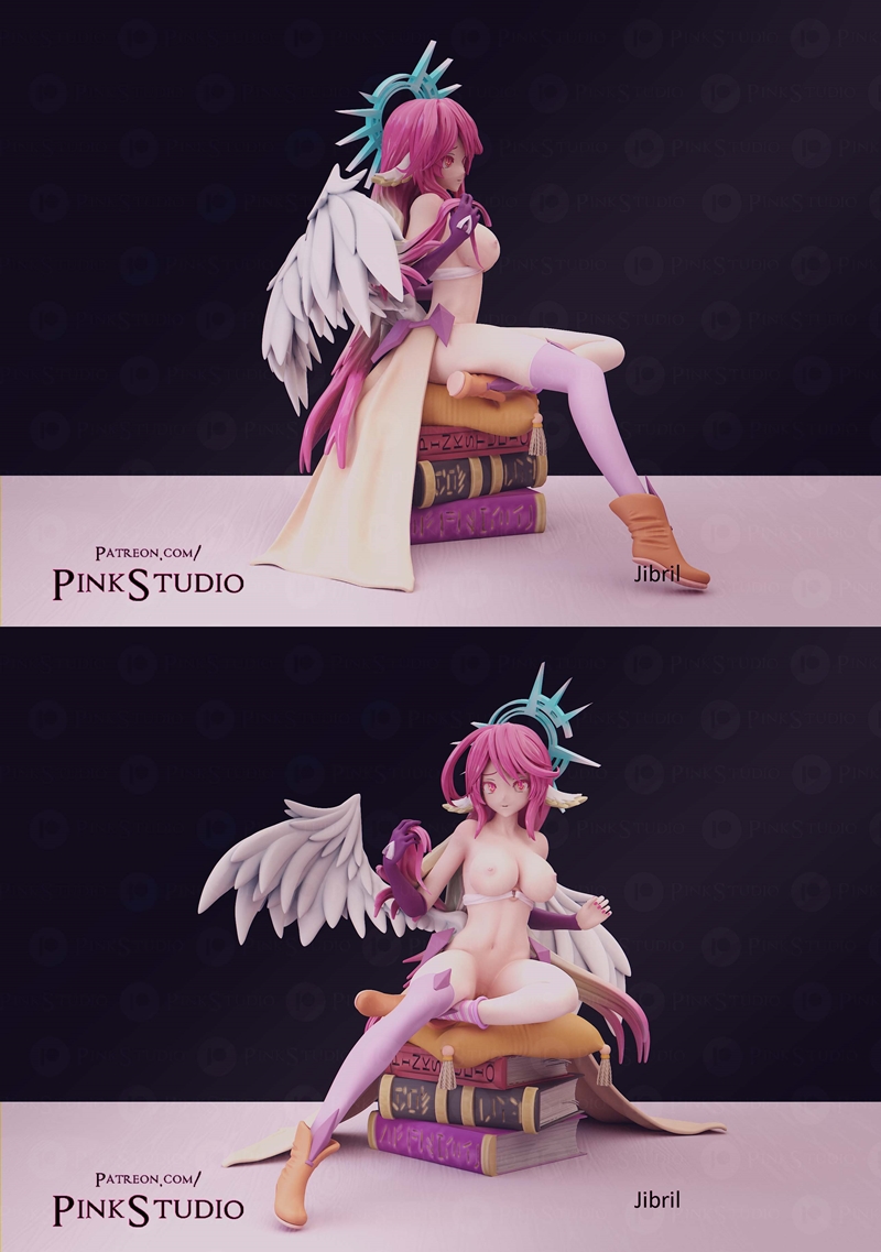 3D model figure of Jibril from No Game No Life, seated on books, with large white wings and pink hair.