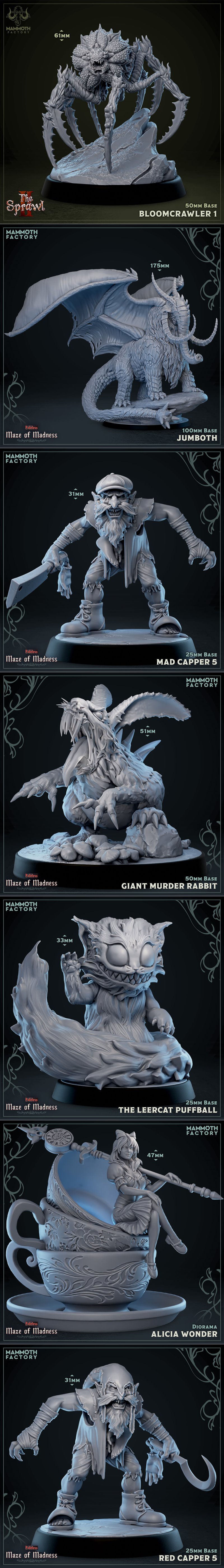 Collection of 3D printable fantasy figures from Mammoth Factory's Maze of Madness series, including a dragon, Jumboth...