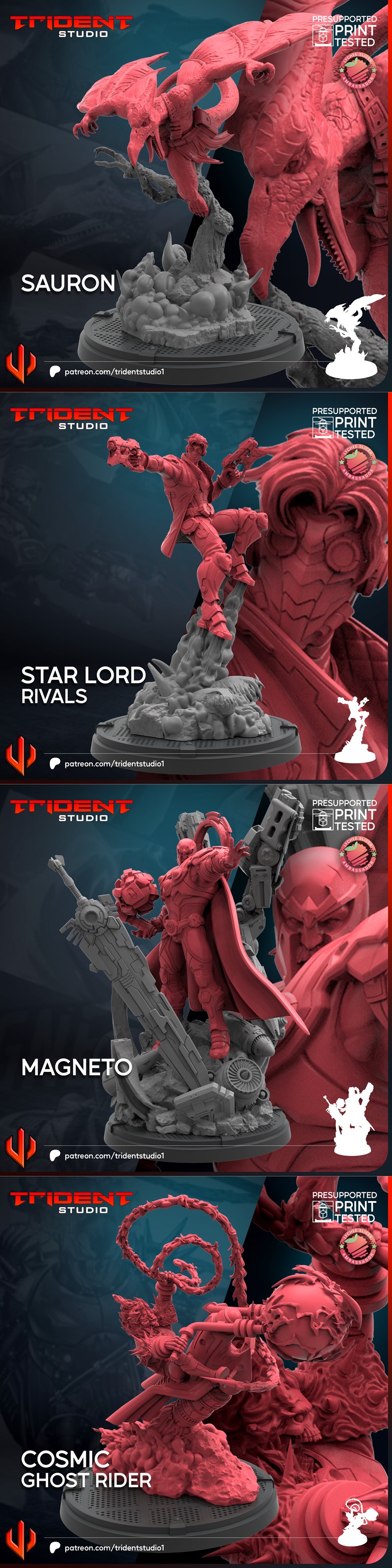 3D print models of Marvel characters Korg, Slapstick, Magik Rivals, and Black Widow Rivals by Trident Studio. Korg wi...