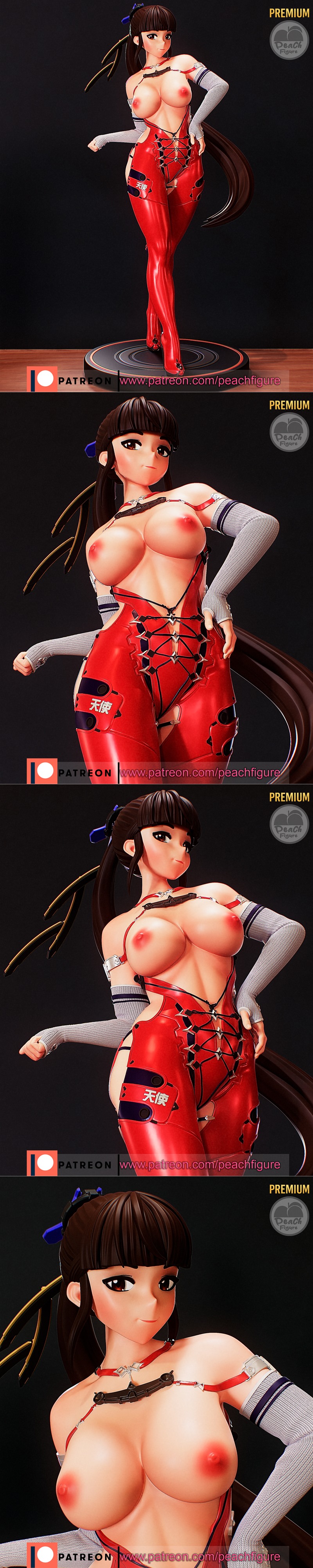 3D model figure of Eve from Stellar Blade, wearing a white halter top and revealing red outfit with stockings and hig...