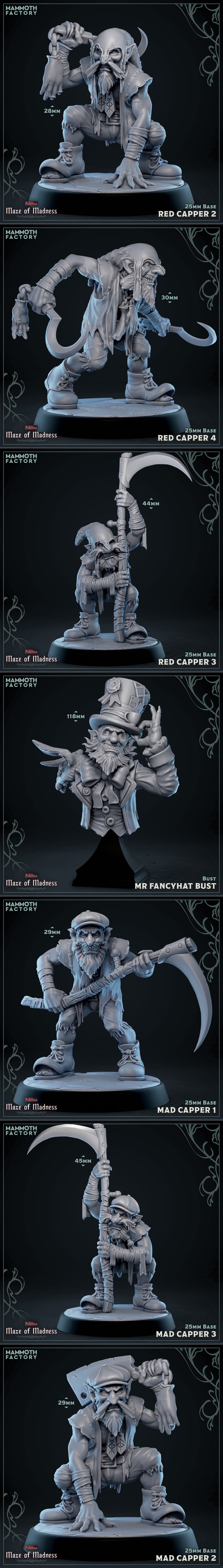 Collection of 3D printable fantasy figures from Mammoth Factory's Maze of Madness series, including a dragon, Jumboth...